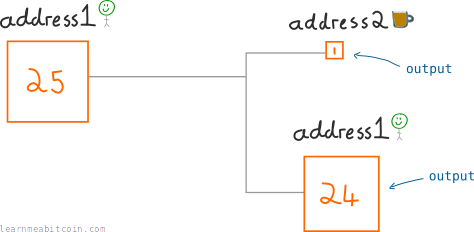 Diagram showing a transaction where a single 25 BTC input is split into a 1 BTC and a 24 BTC output.