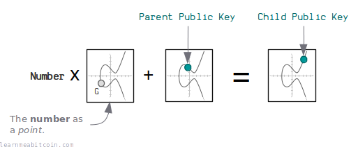 Diagram showing a public key being adjusted by adding another point on the curve.
