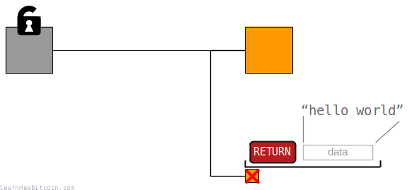 A diagram showing a transaction output with an OP_RETURN locking script storing some text data.