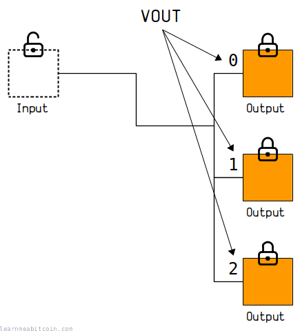 Diagram showing the VOUTs as index numbers for outputs in a transaction.